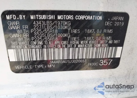 2020 Mitsubishi Outlander Sport 2.0 Se Awc z USA, uszkodzony, nr VIN JA4AR3AU1LU020651